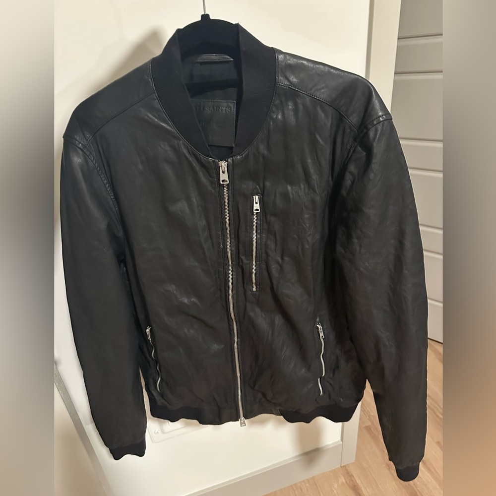 All Saints Black Leather Bomber Jacket